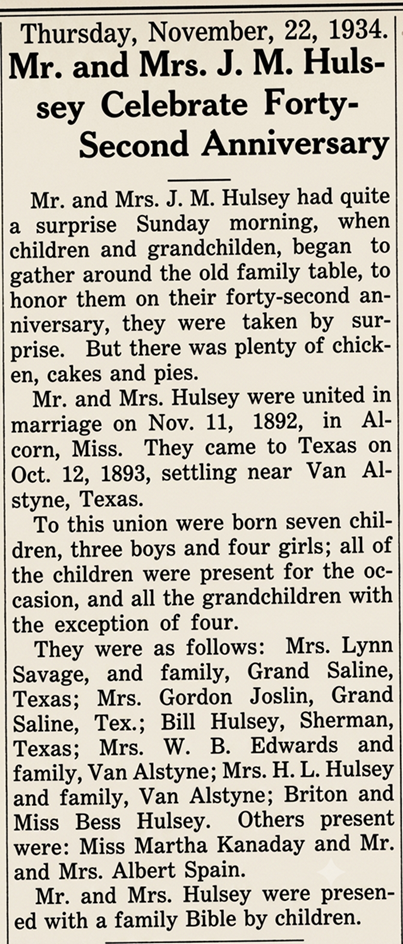 1934 newspaper article documenting the Hulsey family's settlement near Van Alstyne, Texas, in 1893